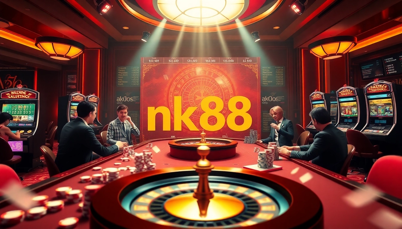 Players enjoying the nk88 casino experience at a luxurious gaming table surrounded by bright slot machines.