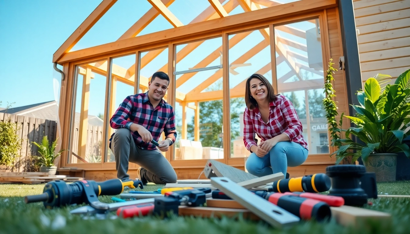 Couple collaborating on sunroom install project with tools and glass structures.