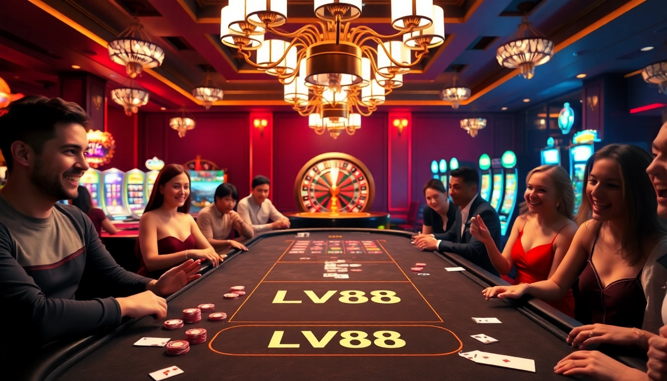 Excited players experiencing the thrill of LV88 casino games at an opulent gaming table.