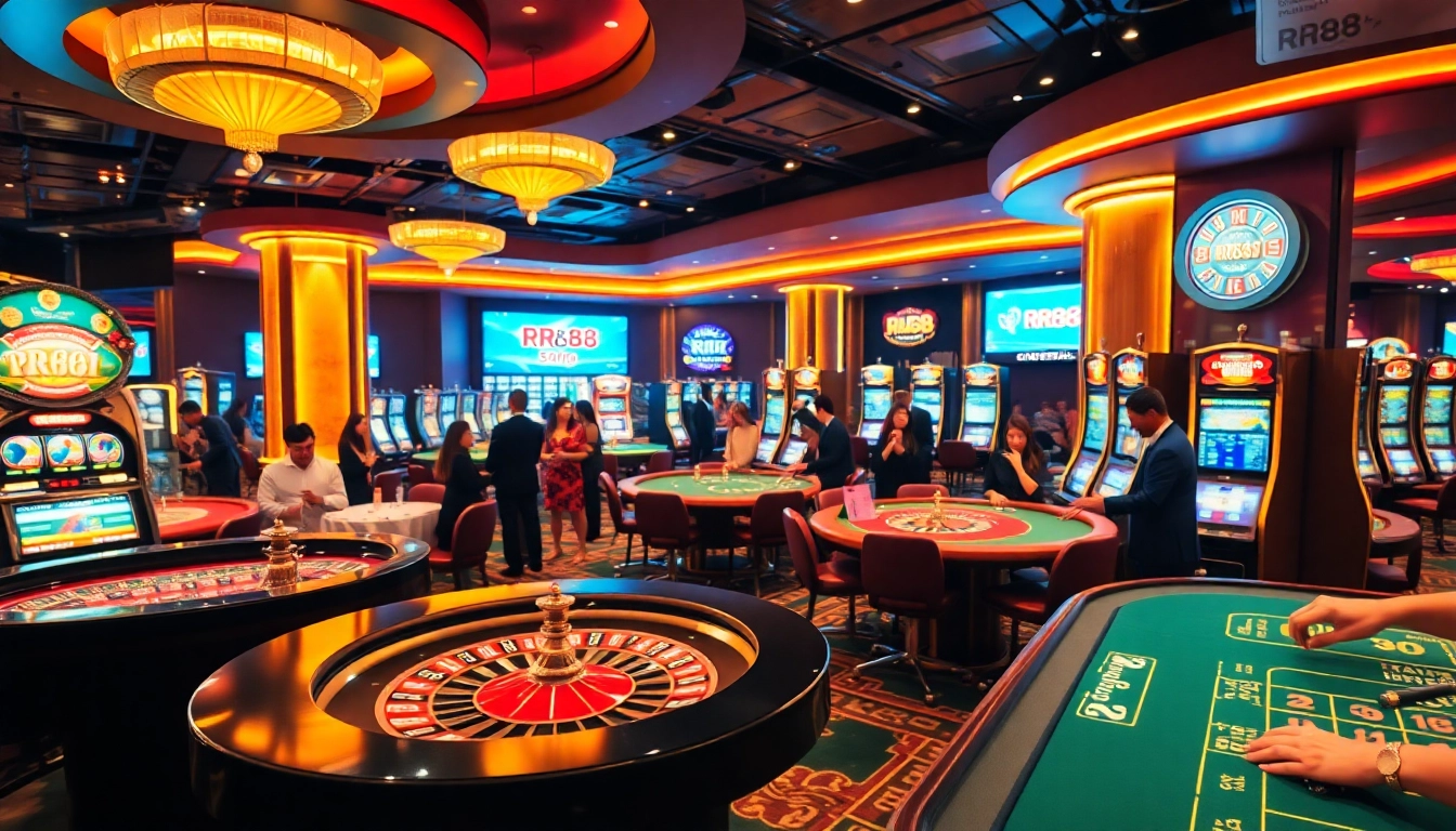 Engaging scene of casino excitement featuring RR88 tables and slot machines.