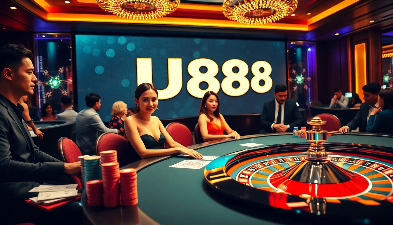 Players betting at a luxurious UU88 casino table with poker chips, cards, and a roulette wheel.