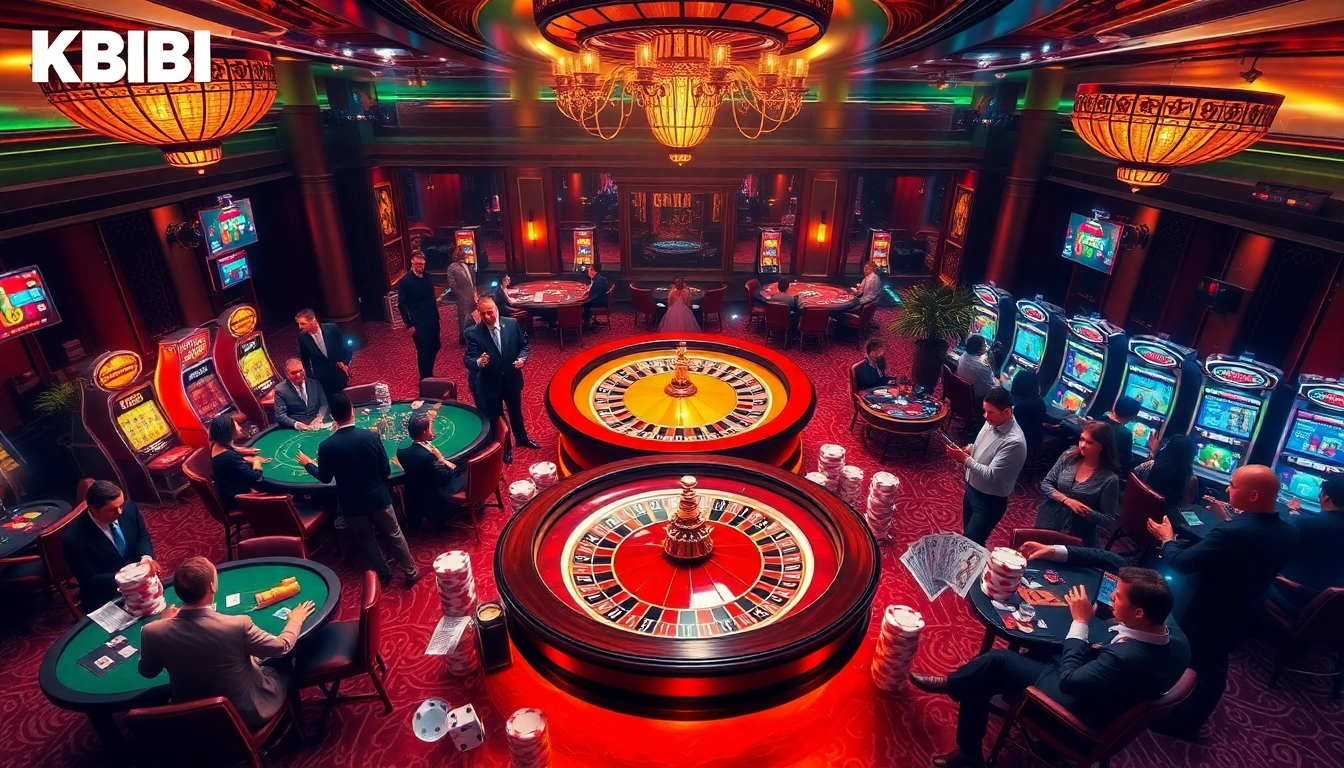 KBBET players enjoying a thrilling game on a luxurious casino floor, featuring roulette and poker tables.