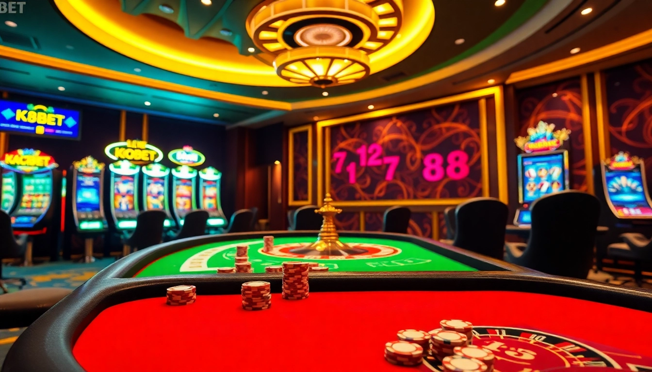 K8BET casino scene showcasing vibrant gambling tables, poker chips, and high-tech slot machines