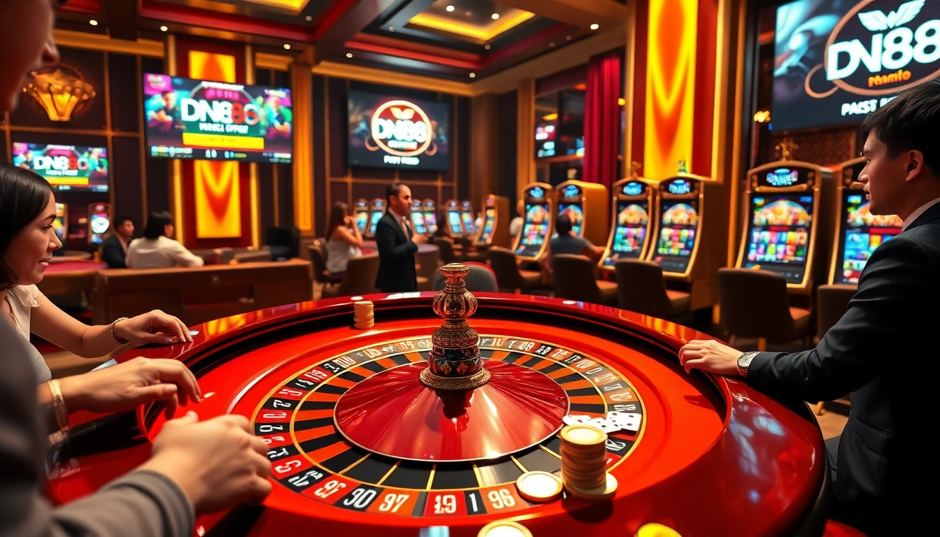 Experience the excitement of DN88 casino gaming with vibrant tables, chips, and players.
