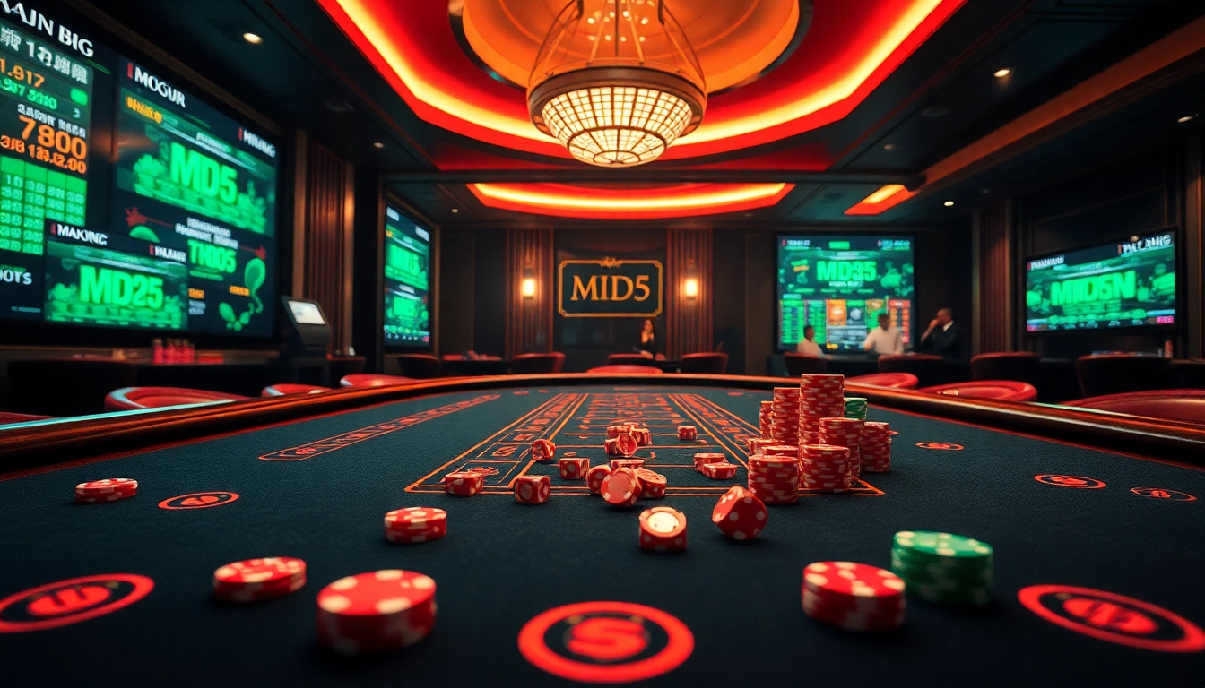 Tài xỉu md5 gaming table in a vibrant casino atmosphere with players engaged.