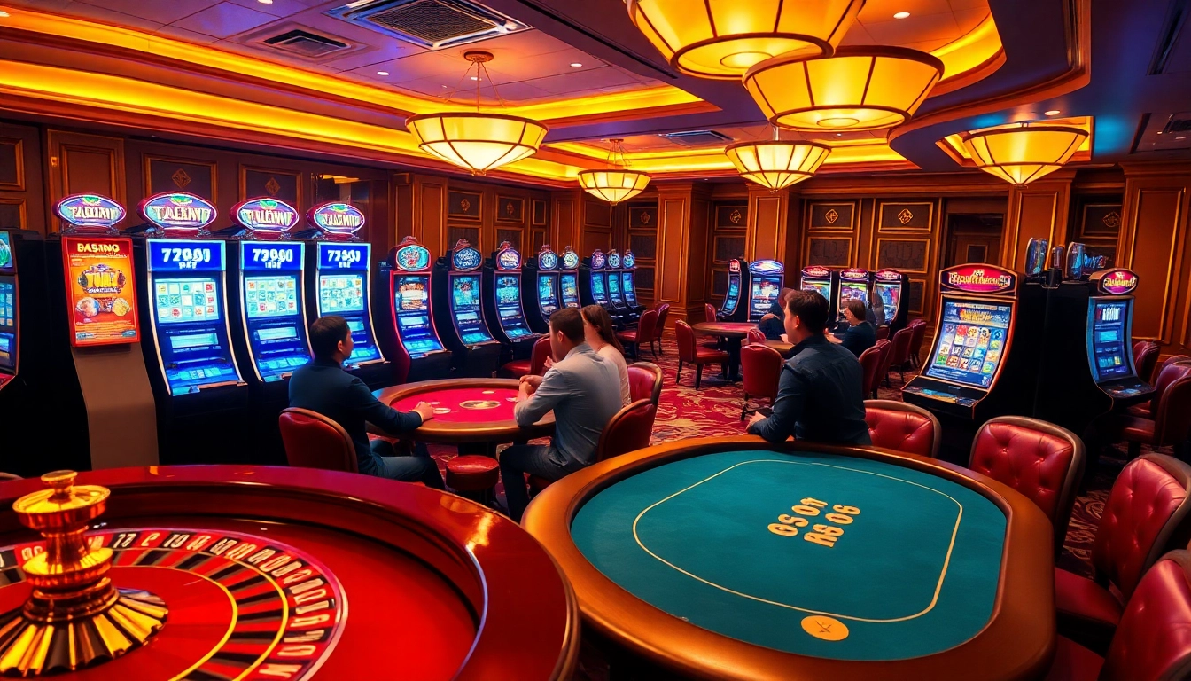 Exciting gaming scene showcasing 789win's vibrant casino atmosphere with slot machines and poker tables.