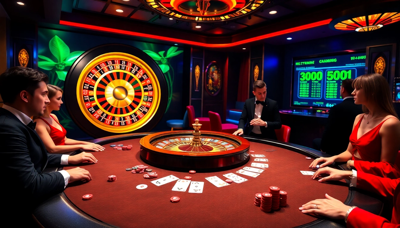 Thrilling poker action at Luck8 casino with players, cards, and poker chips.