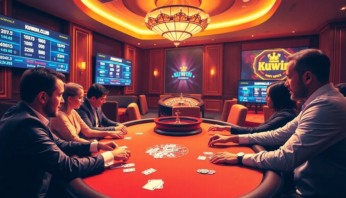 Vibrant casino scene at https://kuwin1.club/ with poker players and majestic roulette wheel.