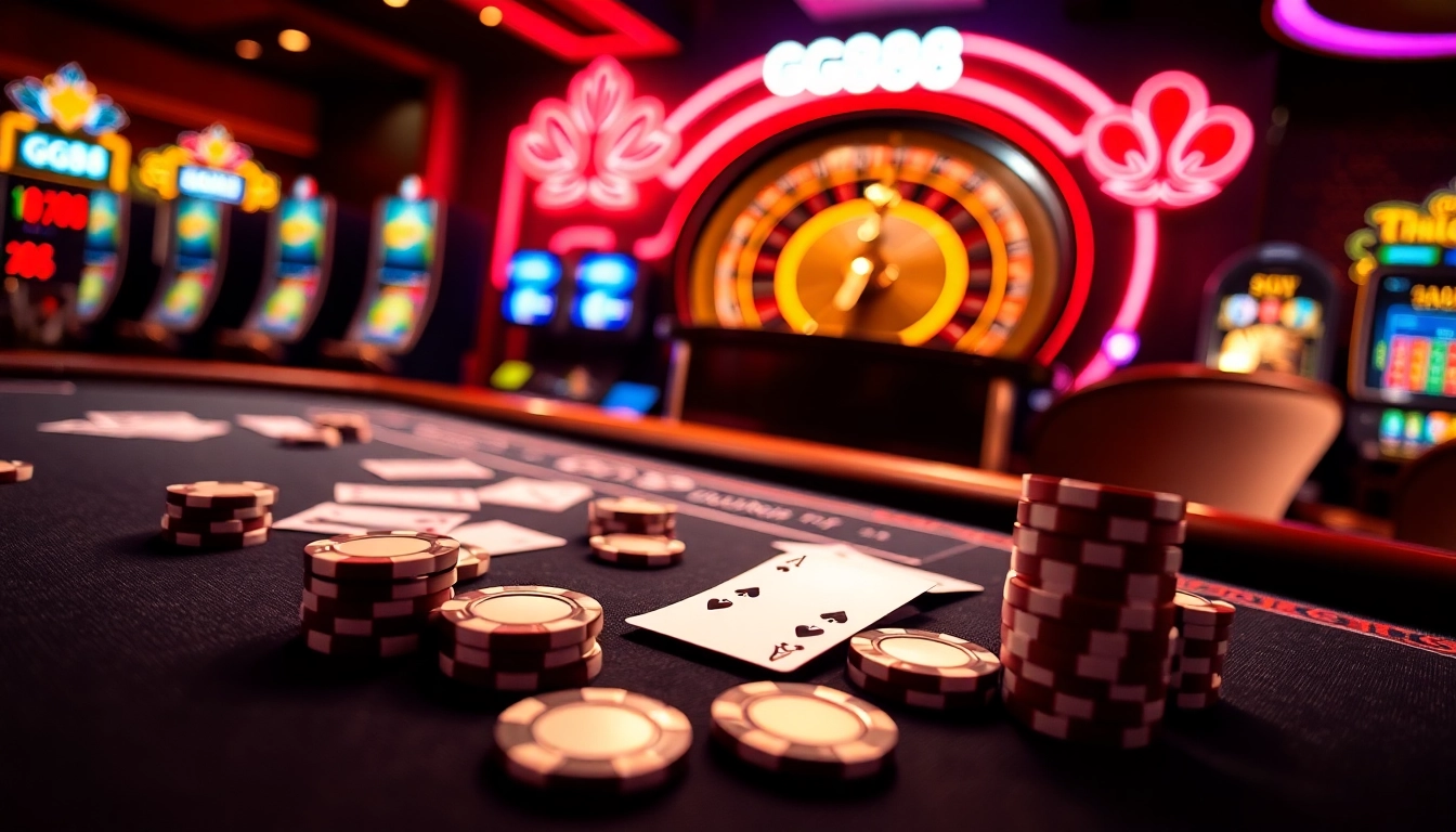 Experience the thrill of GG88 online gaming with a luxurious casino atmosphere featuring cards and roulette.