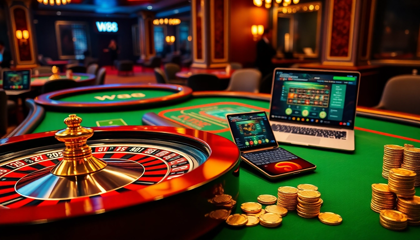 W88 players strategizing bets at an elegant poker table amidst vibrant online gambling excitement.