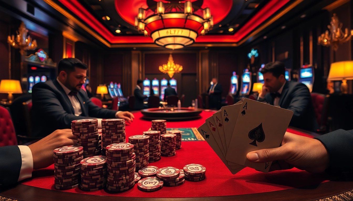 Excited gamblers playing poker with 6L777 chips in a luxurious casino setting.