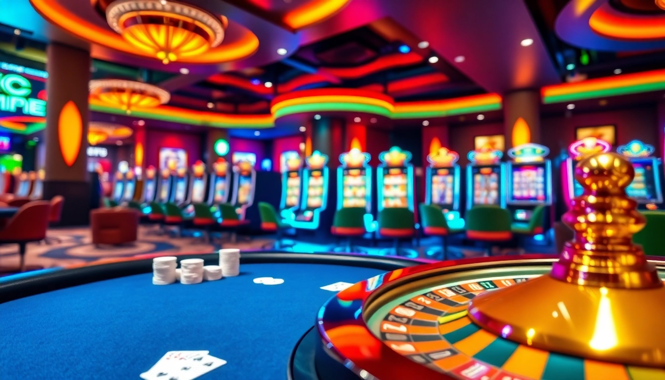 KJC casino scene showcasing a high-stakes poker table, roulette wheel, and vibrant slot machines.