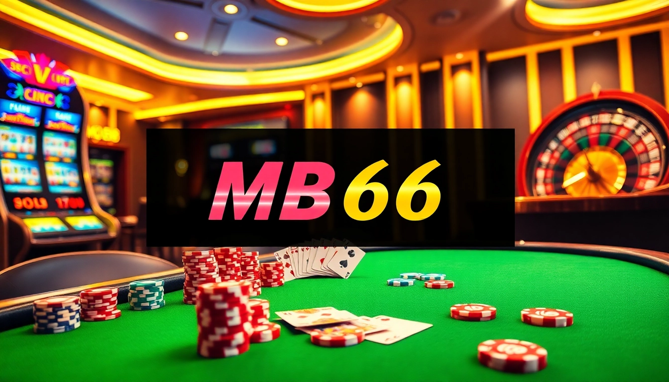 MB66 poker table with vibrant chips and cards showcases excitement in a luxury casino.