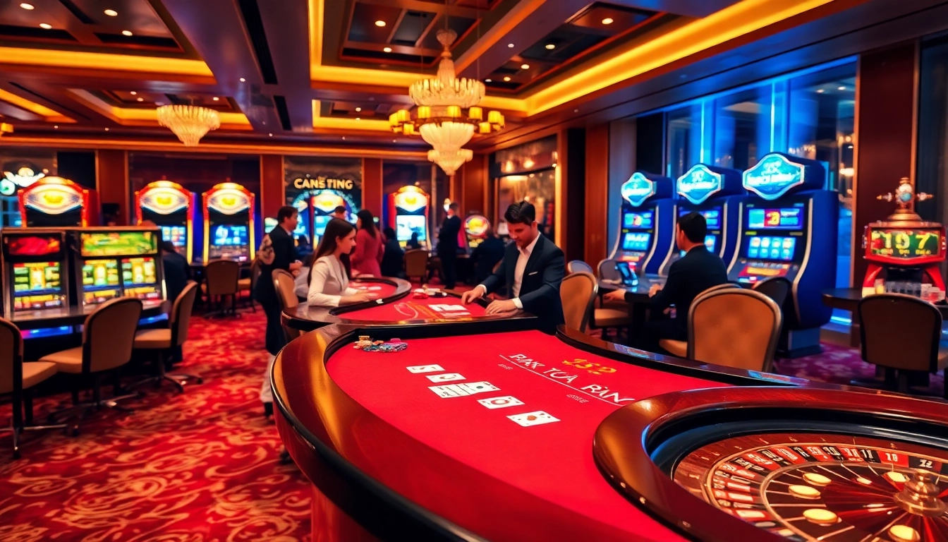 Scene showcasing a professional casino environment with Nhà Cái Uy Tín branding, engaging players in an exciting game.