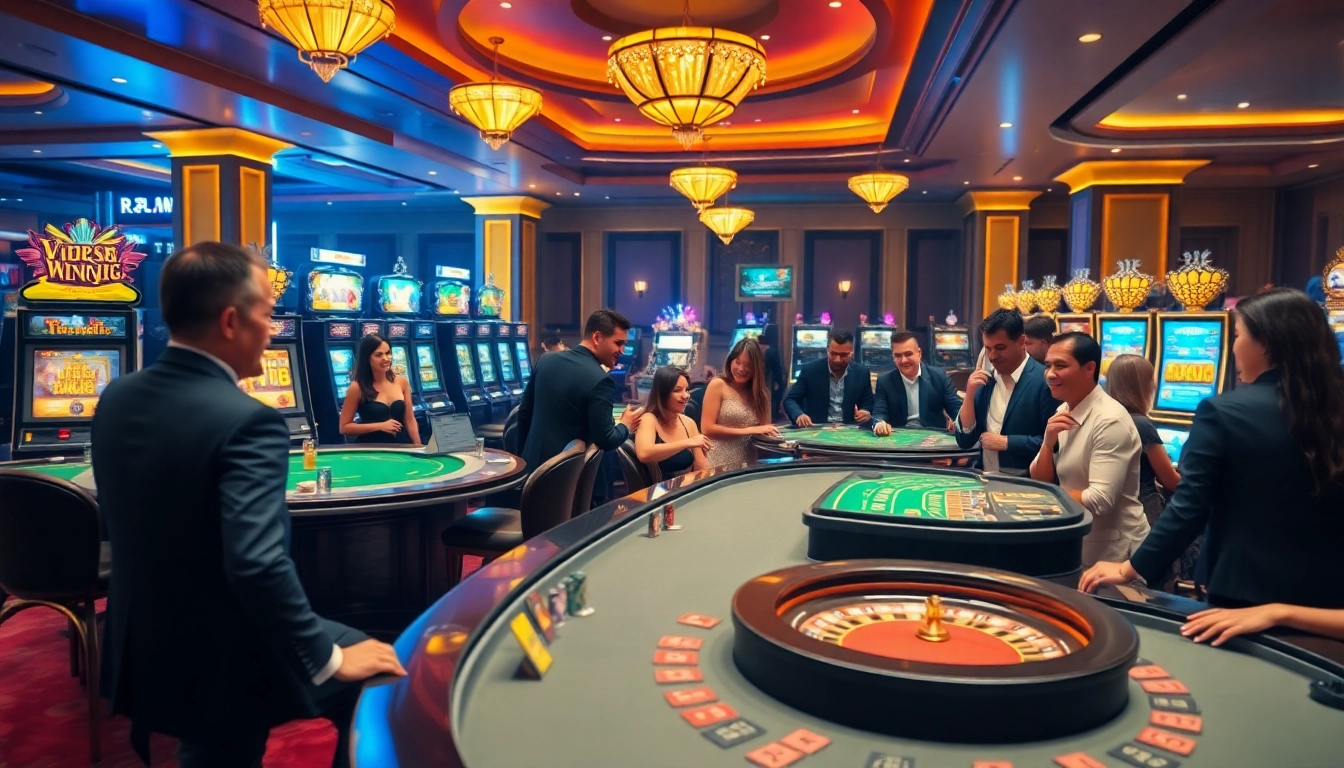 Players engaging in exciting casino games at https://777vip.dev/ with elegant gaming tables and vibrant slot machines.