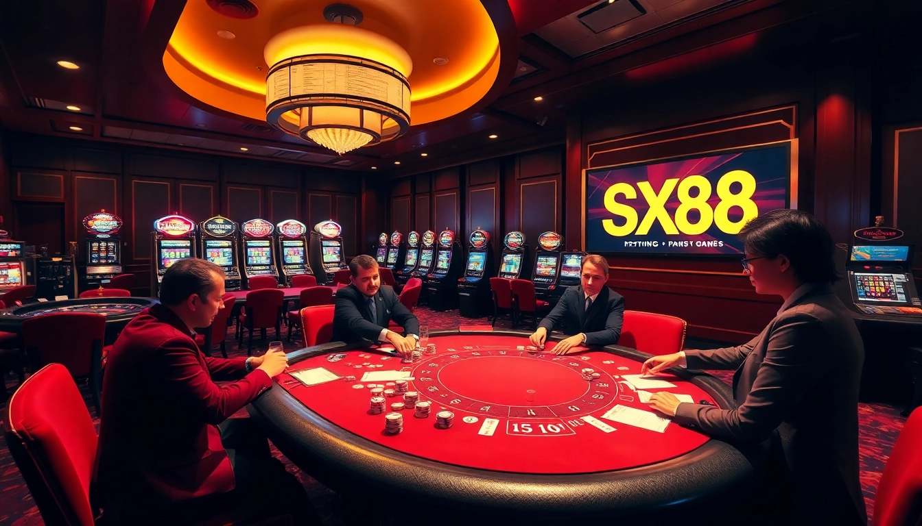 SX88 enhanced casino experience with luxury poker tables and vibrant slot machines.