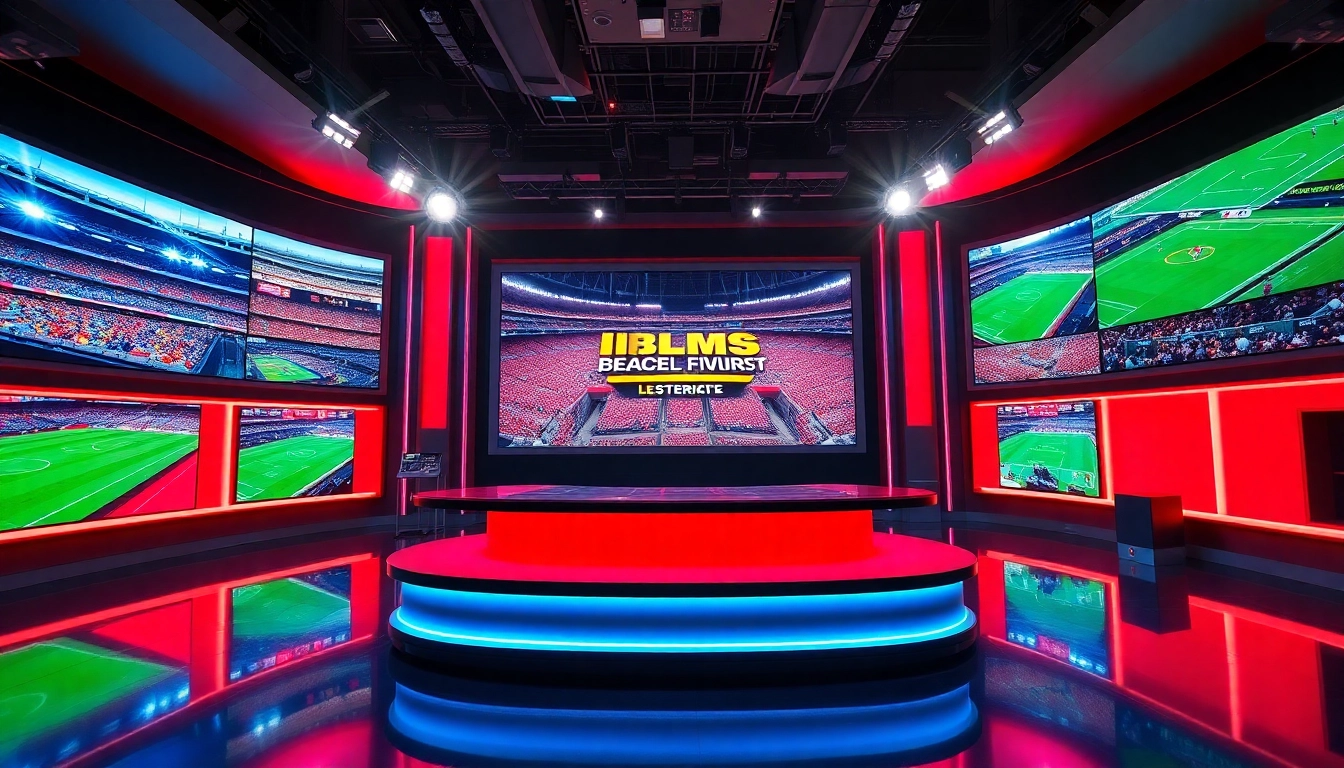 Engaging Sports Broadcasting studio showcasing live sports event displays and dynamic lighting.