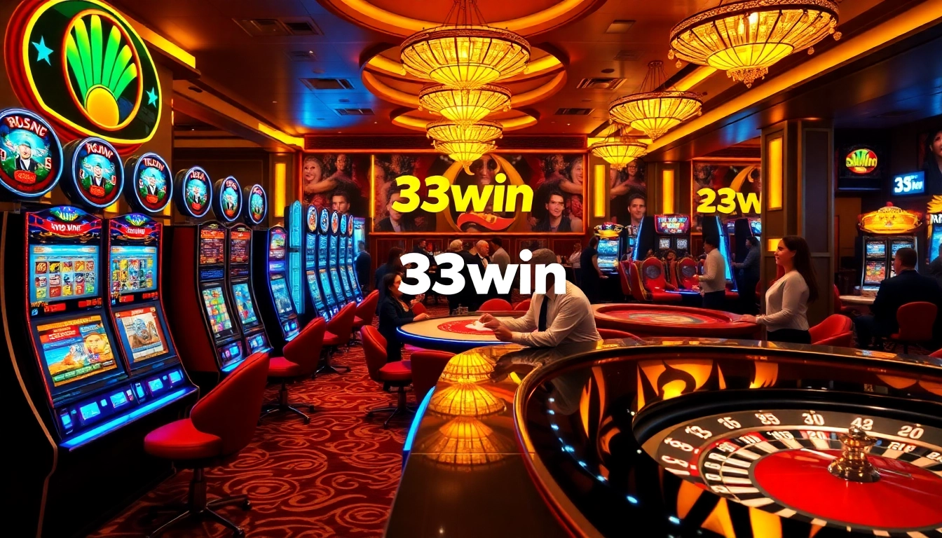 33win players enjoy an exciting casino experience with sophisticated gaming tables and vibrant slot machines.