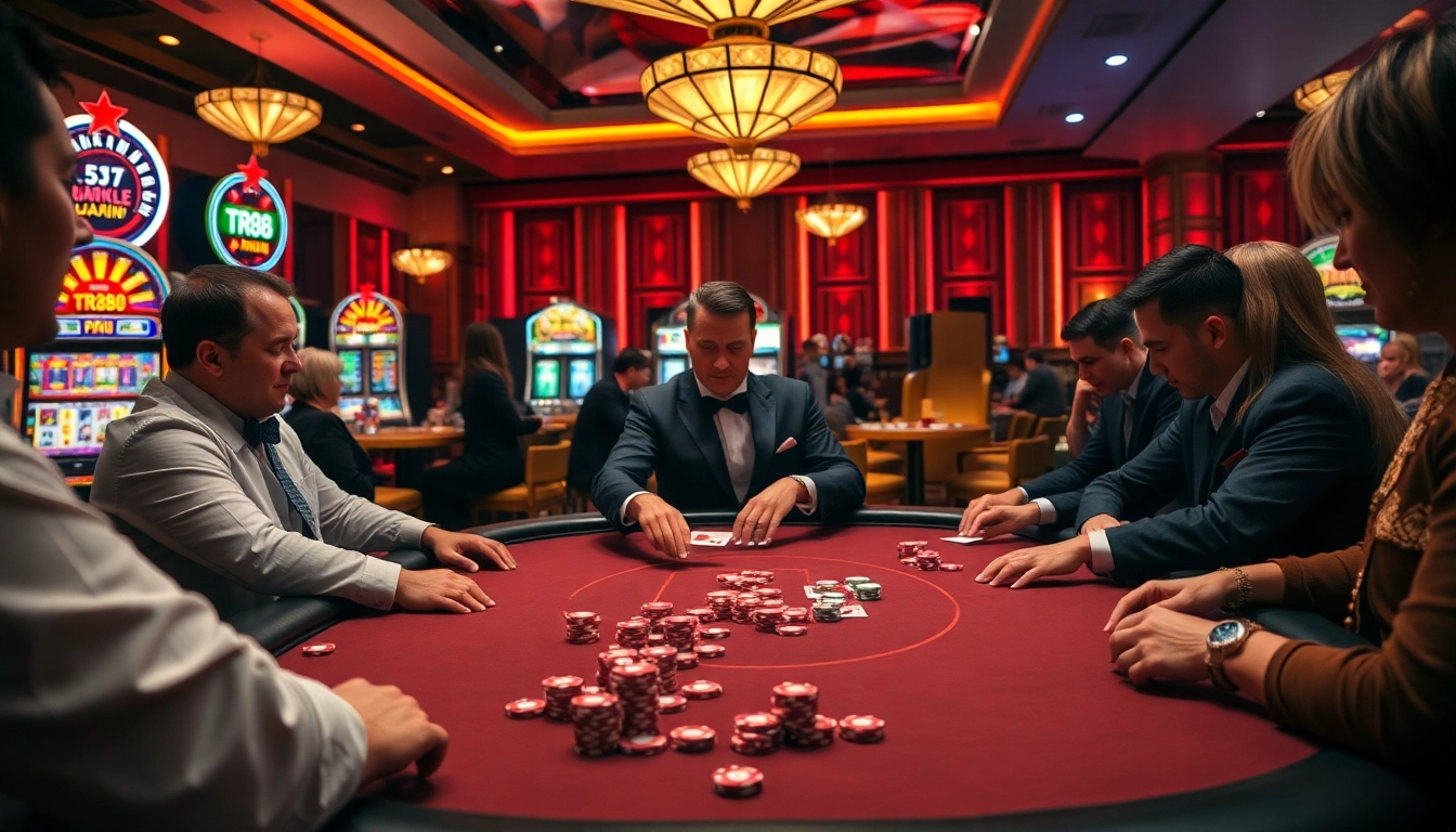 Experience thrilling poker gameplay with TR88 branding in a vibrant casino atmosphere.