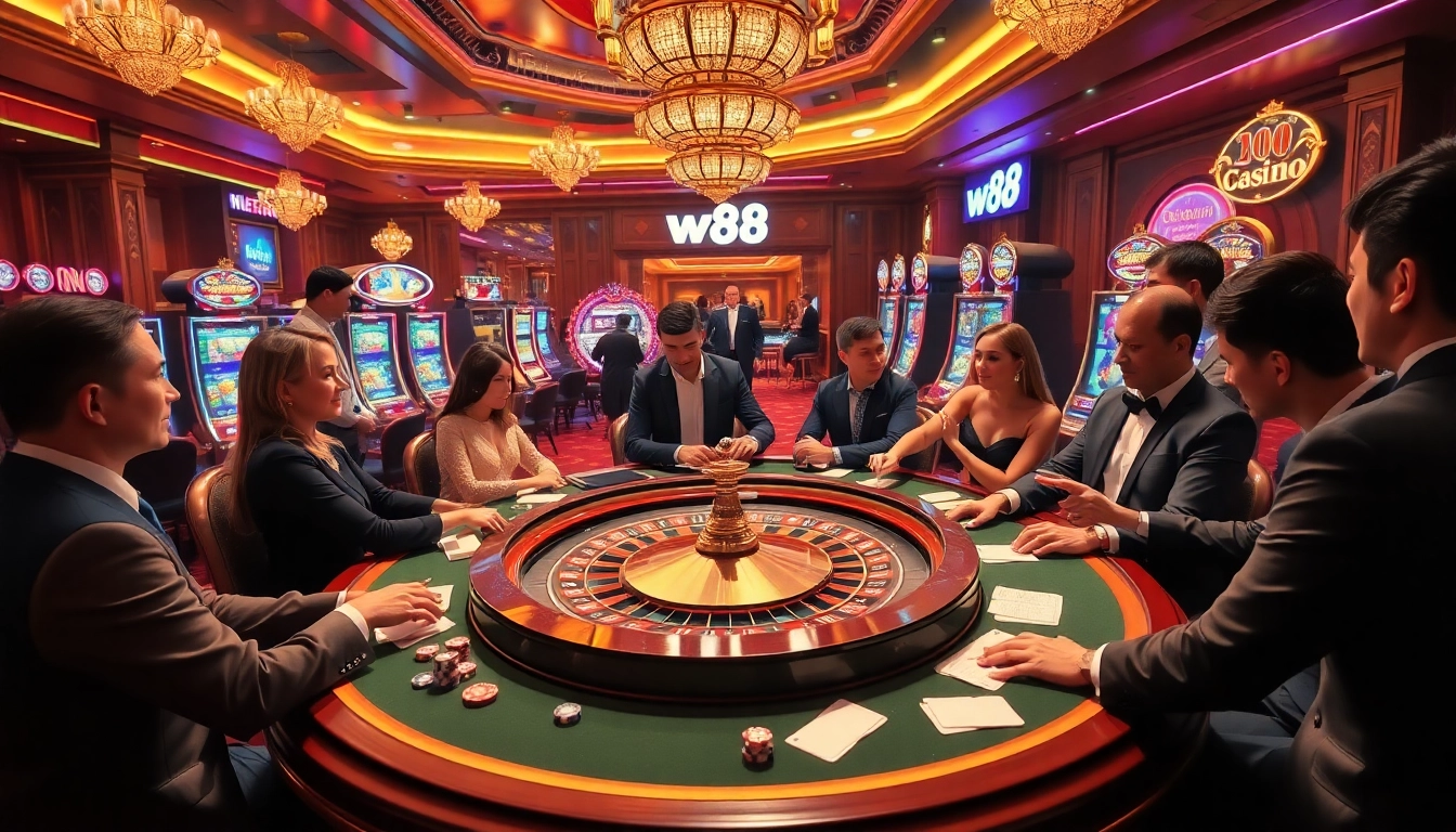 Players enjoying roulette and poker at a luxurious casino while featuring w88 branding.