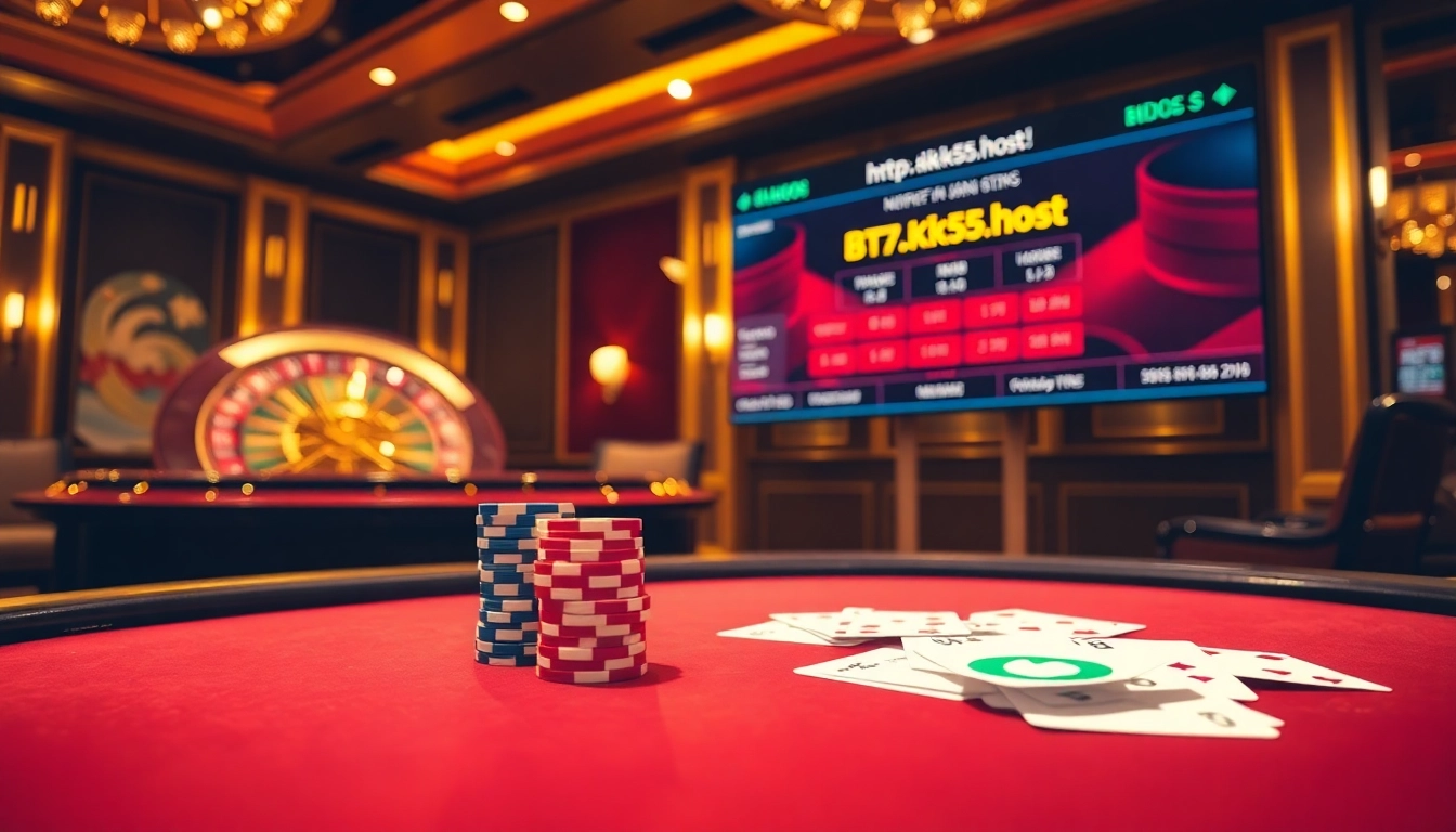 This vibrant scene showcases an exciting gambling atmosphere with https://kk55.host/ gambling elements, including poker chips and a roulette wheel.