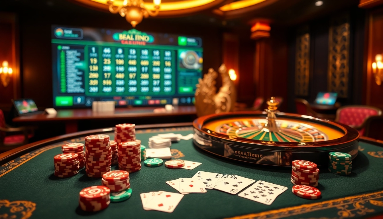 Engage in thrilling casino gameplay at Trang chủ Vuabai9 featuring vibrant tables and colorful chips.