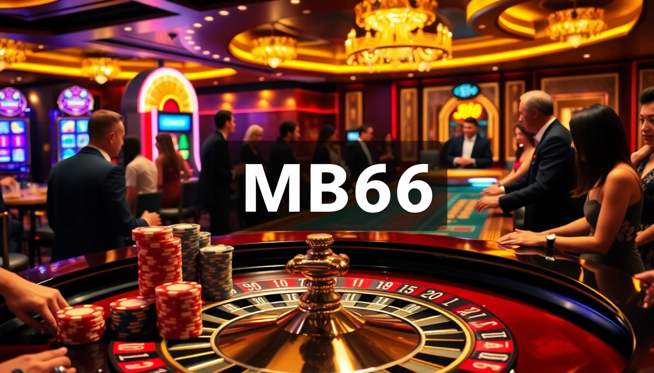 Players enjoying high-stakes action at the MB66 casino tables with vibrant decor and poker chips.