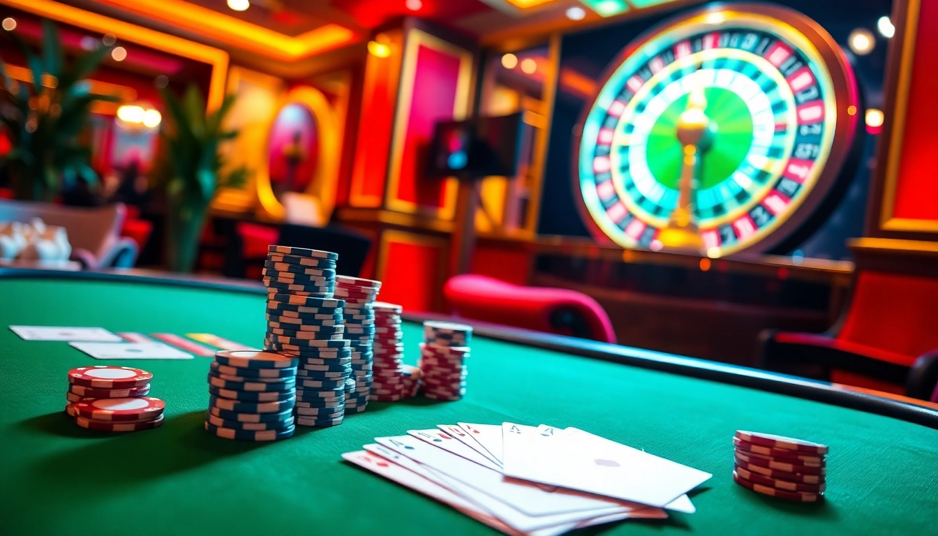 A dynamic gaming table scene showcasing IWIN with luxurious poker chips and cards in an upscale casino atmosphere.