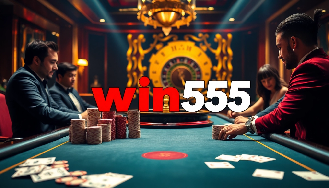 Players strategizing at a win55 poker table in a vibrant casino setting.