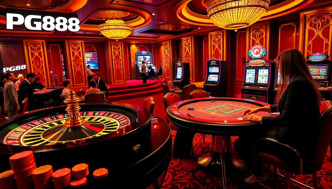 Exciting PG88 casino scene with players engaging at a poker table and roulette wheel.