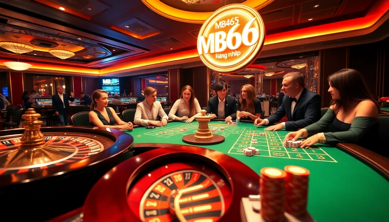 Experience the thrill of MB66 đăng nhập at an exciting casino with poker chips and roulette wheels.
