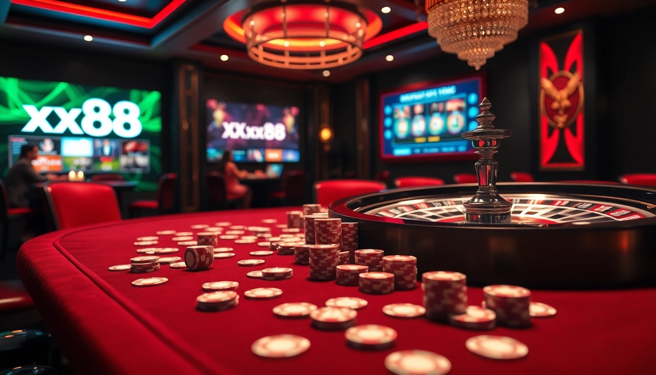 Engaged players placing bets at an elegant poker table in a luxurious xx88 casino setting.
