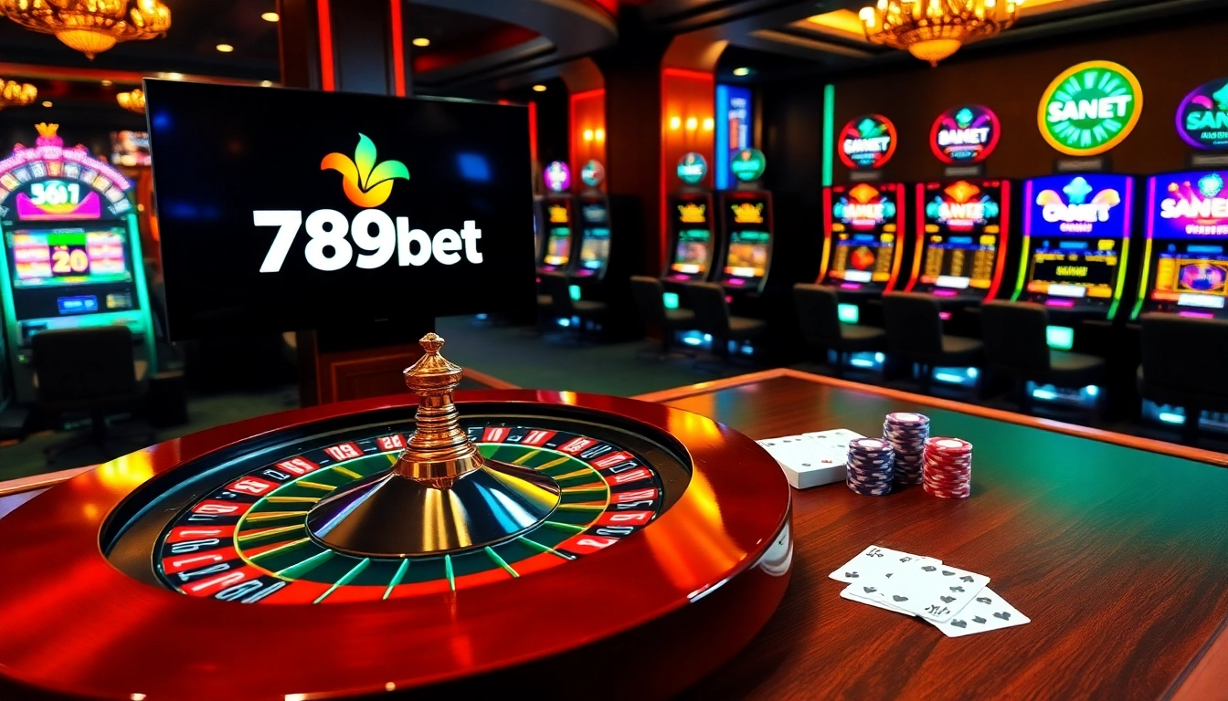 Gambling scene at 789bet with poker chips, roulette wheel, and online gaming interface.