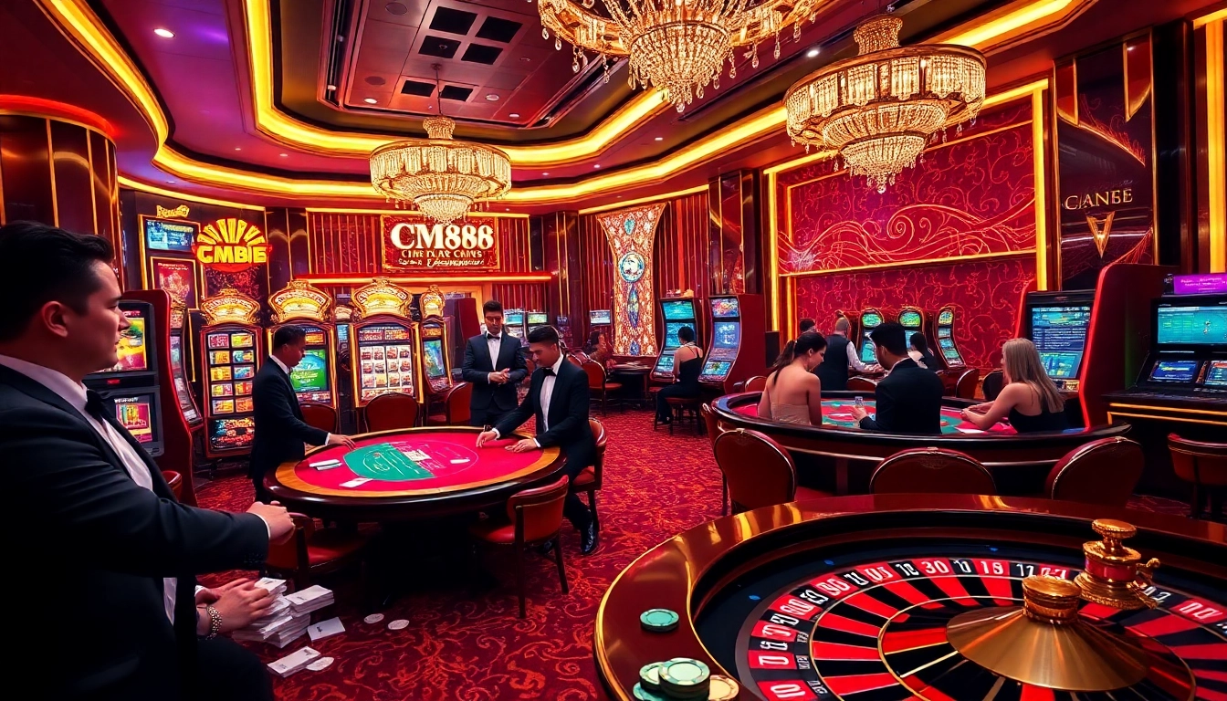A lively gambling scene at CM88 nhà cái with players enjoying roulette, poker, and slot machines in a luxurious casino setting.