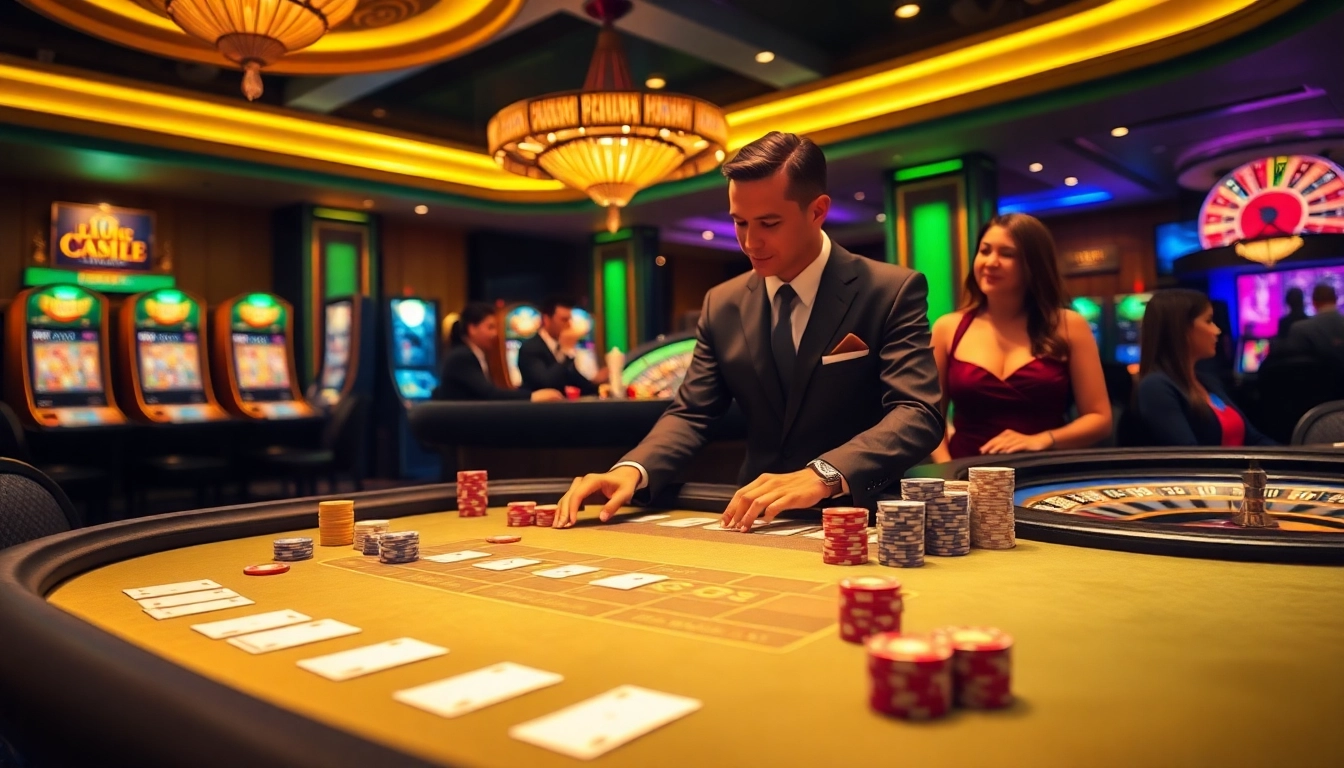 Experience high-stakes excitement at 23win with vibrant gaming tables and luxurious decor.