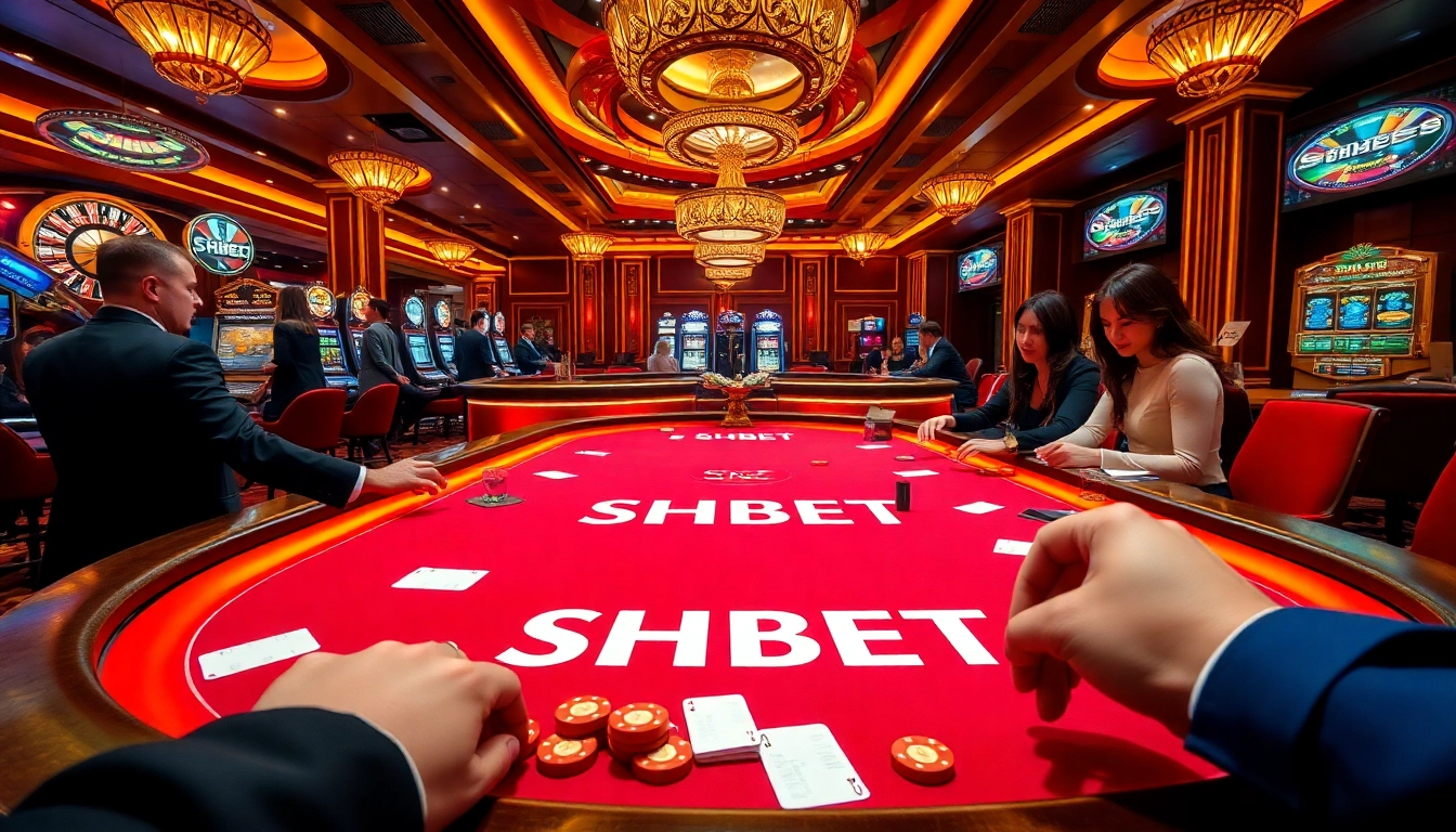 Engaging scene of SHBET's poker table with players enjoying thrilling gameplay in a vibrant casino atmosphere.