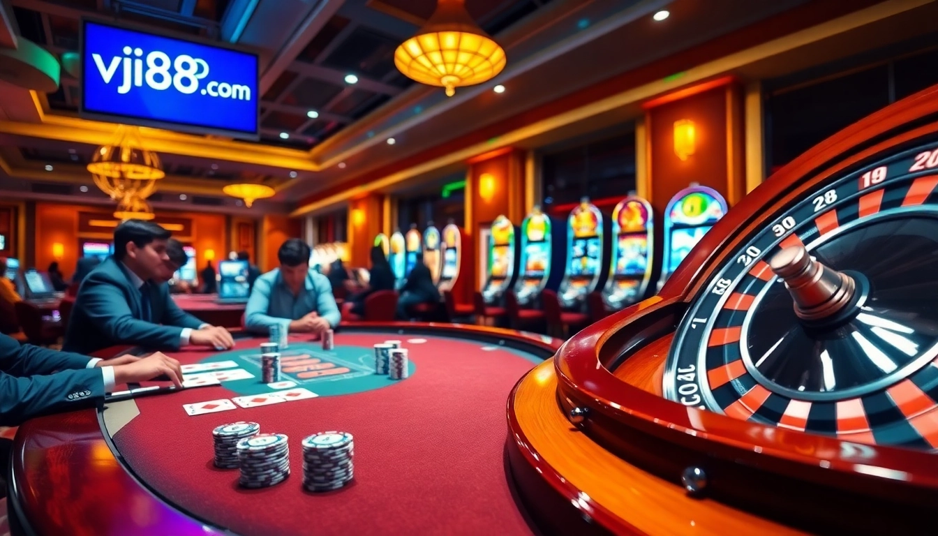 Experience thrilling gambling action at https://vj88.com/ with vibrant casino tables and exciting game visuals.