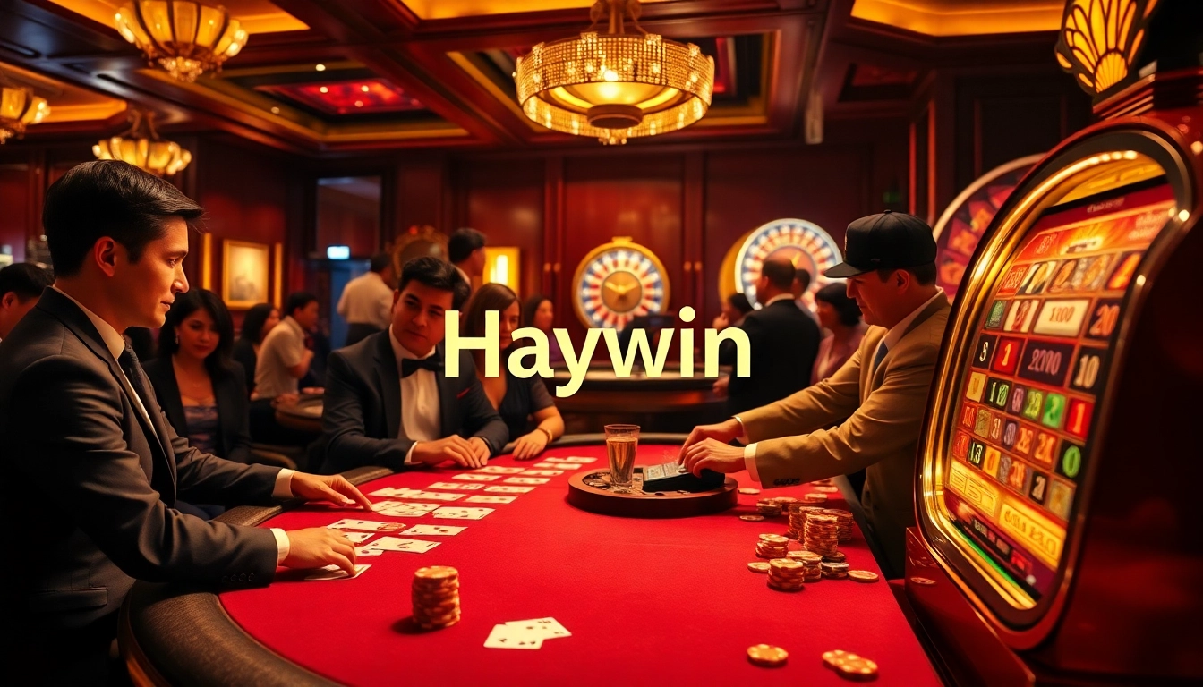 Haywin poker players engaging in an exciting game at a luxurious casino table.
