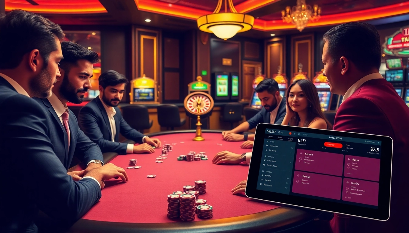 Experience high-stakes betting on 6L777 with players at a vibrant poker table in a lavish casino.