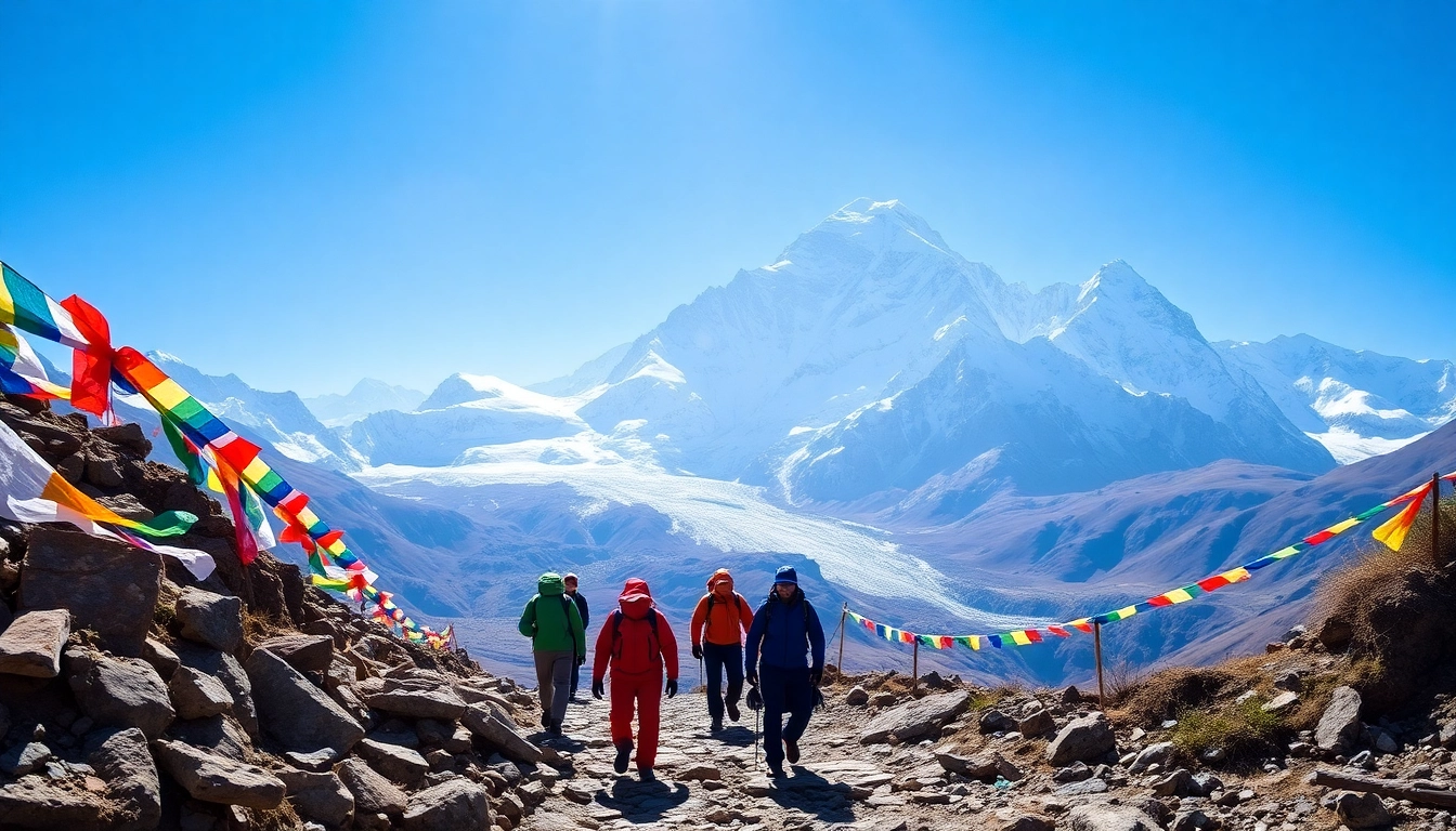 Epic scene from the Everest Base Camp Trek with trekkers against the backdrop of Mount Everest and Khumbu Glacier.