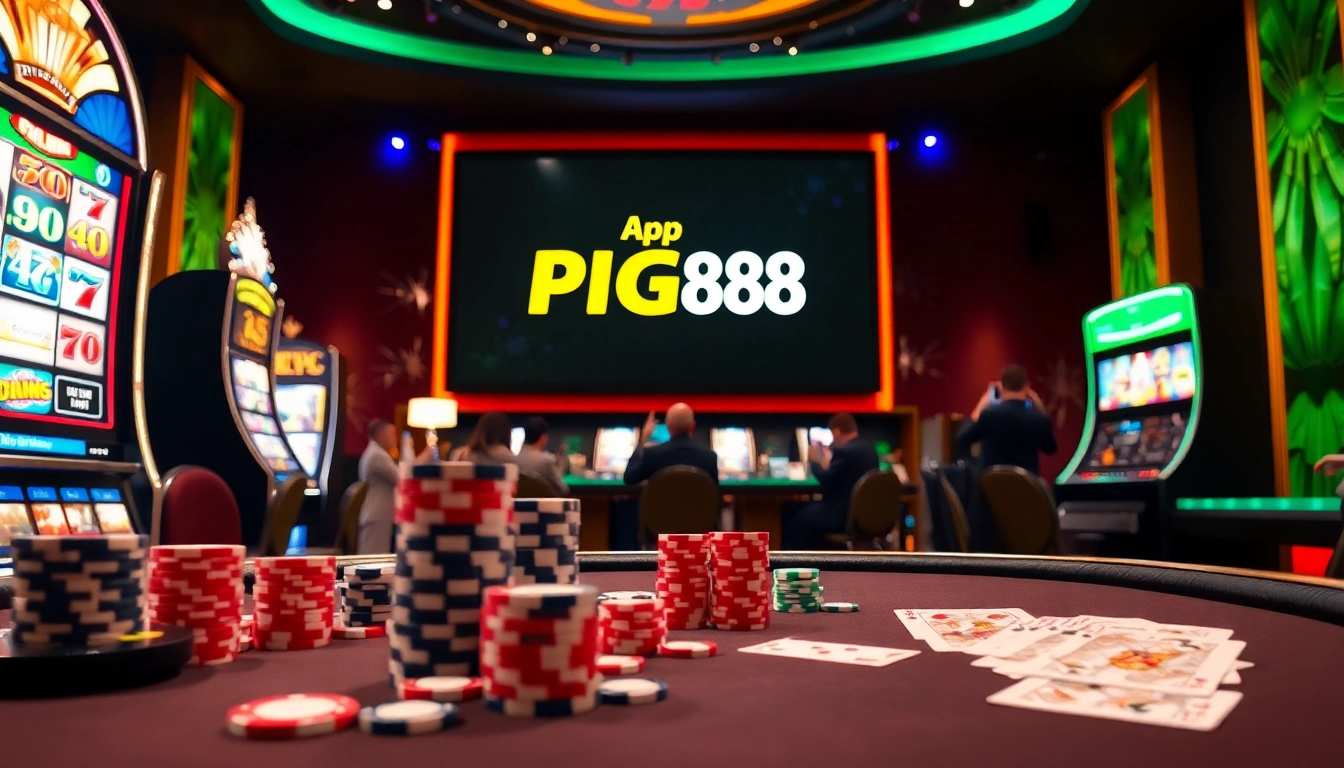 Tải App PG88 supports exhilarating gameplay at a vibrant casino table filled with poker chips, cards, and a slot machine.