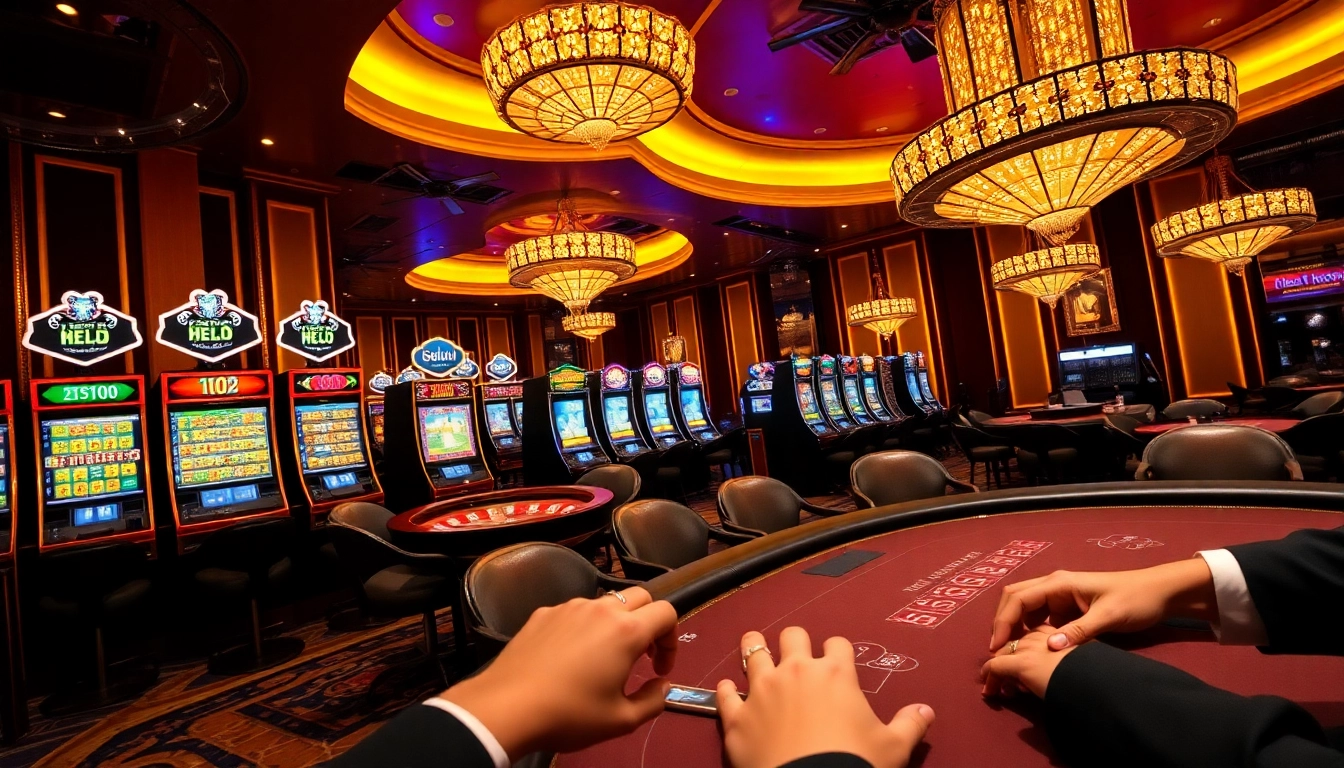 Hello88 online casino gaming scene with vibrant poker tables and luxurious décor.