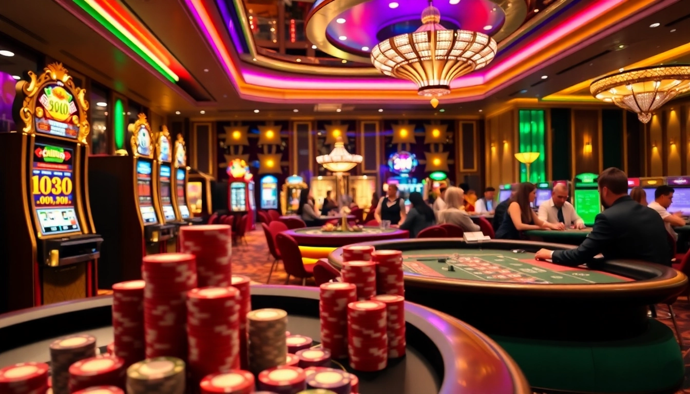 A dynamic casino scene featuring 32win's engaging slot machines and poker tables in a vibrant environment.