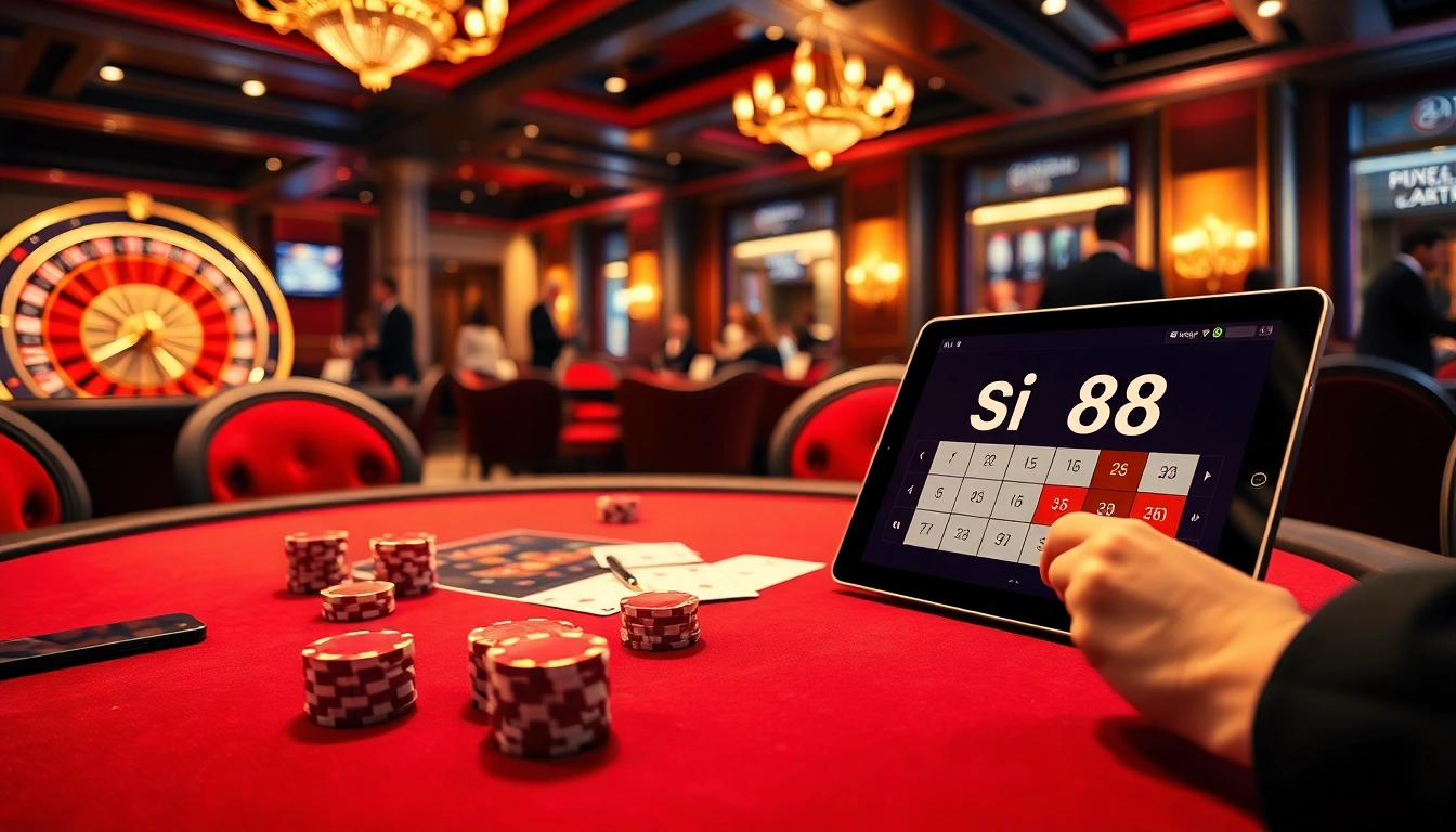 Sit at the vibrant siu88 casino, playing poker with polished chips and a roulette wheel in view.
