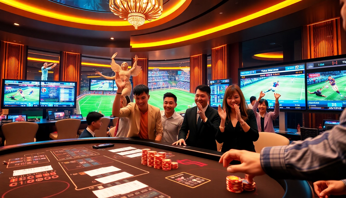 Kèo bóng đá live betting scene with enthusiastic gamblers and vibrant odds display.