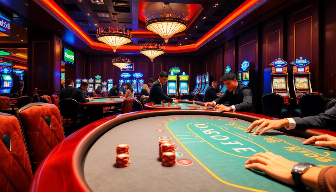Players enjoying an exciting game at ONBET88 casino tables with colorful poker chips.