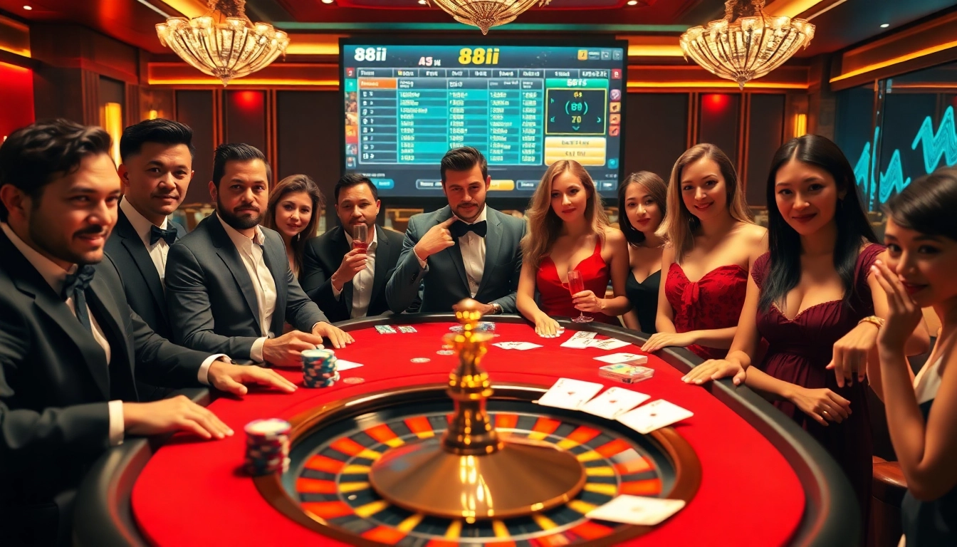Engaged players at a luxurious casino with 88i-themed poker chips and elegant roulette game.