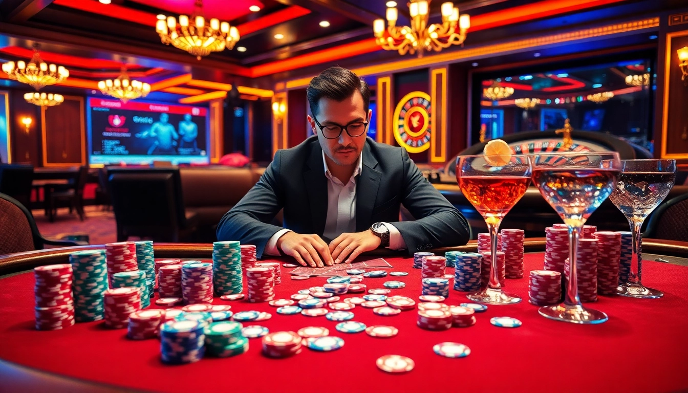 Player winning chips at a lively casino table, showcasing mm88 excitement and luxury.
