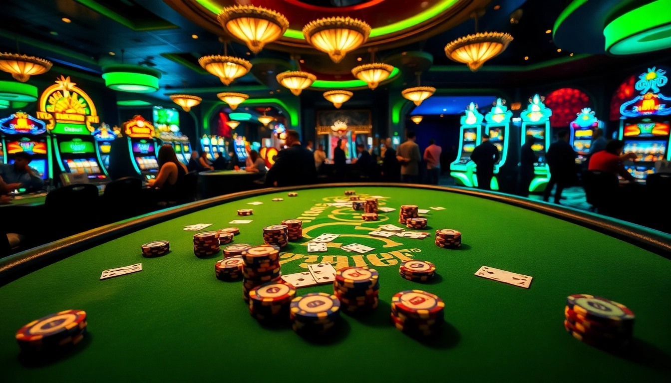 Experience thrilling gaming action at 789F's vibrant casino tables, featuring poker chips and cards.