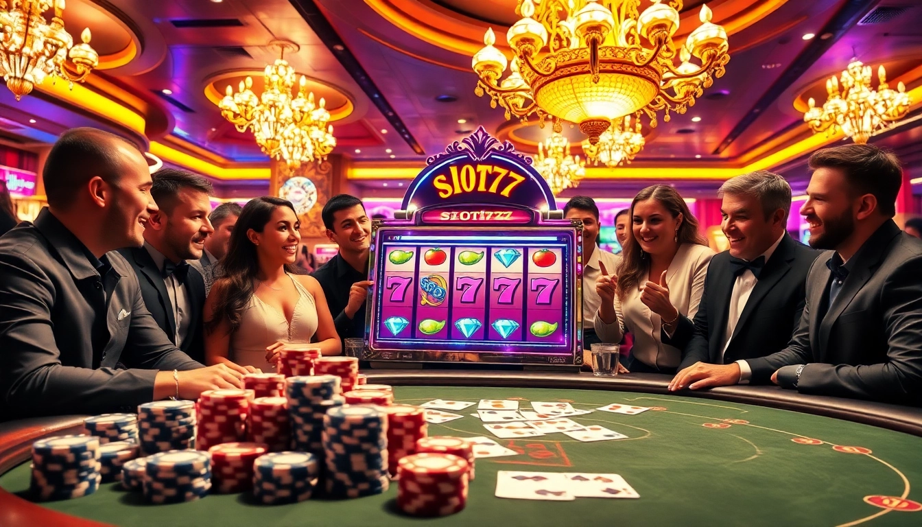 Players enjoying the slot777 machine amidst a vibrant casino atmosphere filled with poker chips and cards.